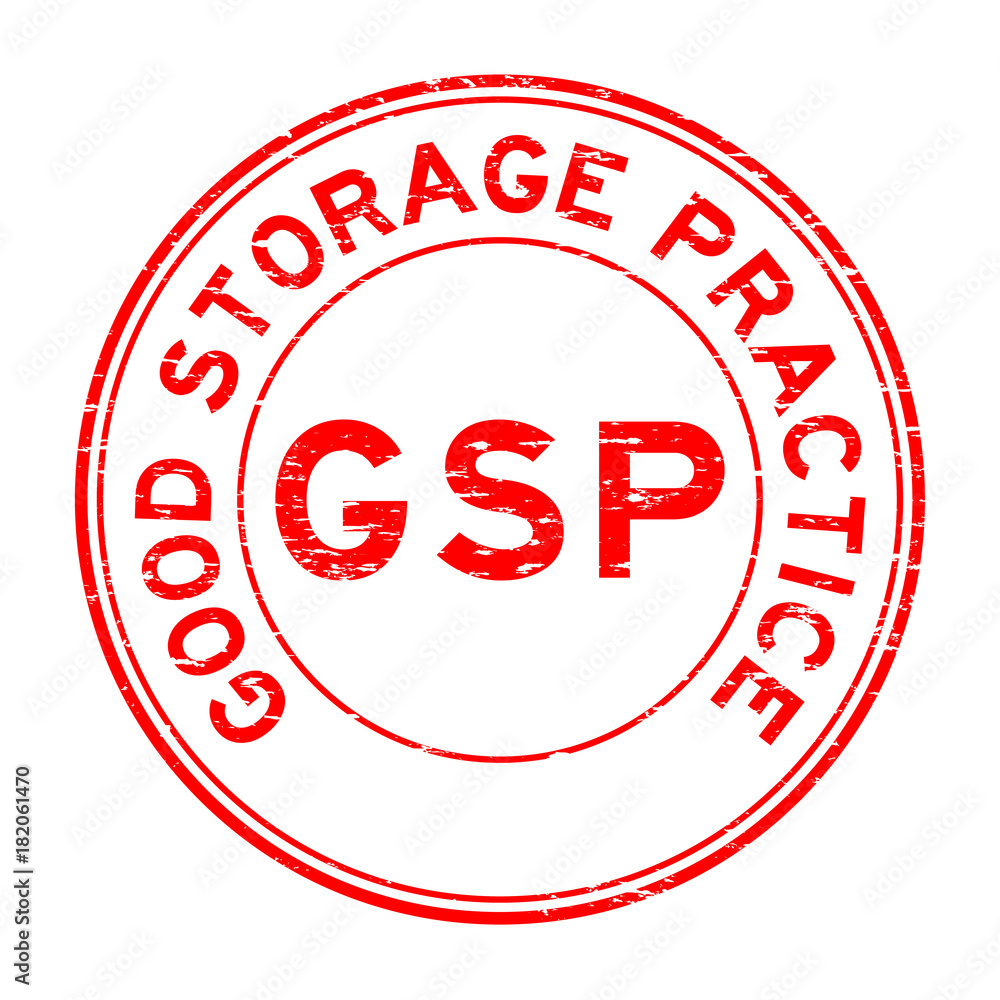 Sticker Grunge red GSP (Good storage practice) certified round rubber seal stamp on white background