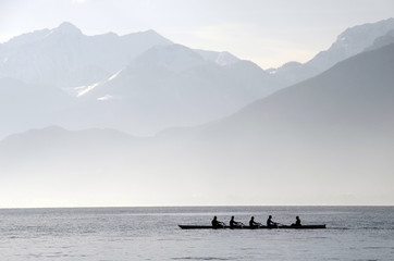 Rowers on row boat, Annecy lake, france - 182062418