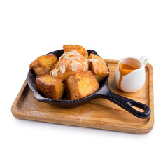 Toast and cup of tea with ice cream and tea sauce