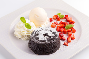 Lava Chocolate Cake with ice cream and mint