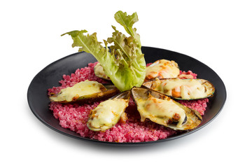 Shellfish mussels. Baked mussels with cheese, on Sea salt pink