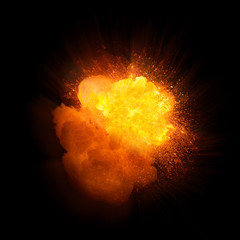 Realistic fire explosion, orange color with blue cast and sparks isolated on black background - obrazy, fototapety, plakaty