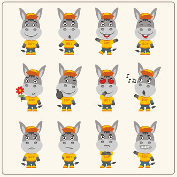 Set of donkey little boy in cartoon style. Collection of isolated donkey in clothes and cap.