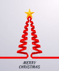Christmas tree made of red ribbon on bright background. New year and christmas greeting card or party invitation. Vector illustration.