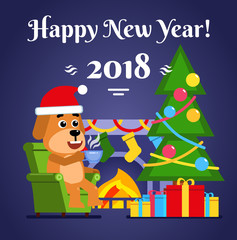 Cheerful yellow dog sits in armchair and drinks warm tea or coffee. New Year, Christmas greeting card. Flat style vector illustration