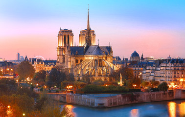 Fototapeta na wymiar The Notre Dame Cathedral at sunset , Paris, France.