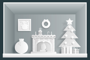 Paper Art Cristmas Room New Year House Greeting Card Elements Flat Design Template Vector Illustration