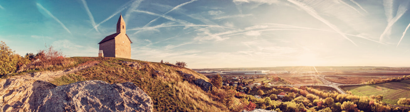 Saint Michael church and industrial park, Drazovce, Slovakia, retro filter