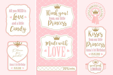 Set of vector vintage frames. Templates gift tags for royal party( wedding, baby and bridal shower, birthday) Candy wrappers, stickers, labels for little princess sweet table. Golden crown and pink