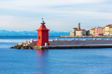 Old red lighthouse in Piran, Slovenia