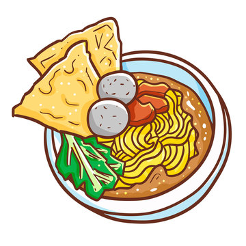 Funny and yummy asian noodles with meatballs  and crackers on it - vector.