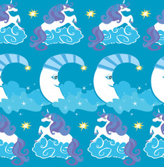 Pattern with cute unicorns and moon