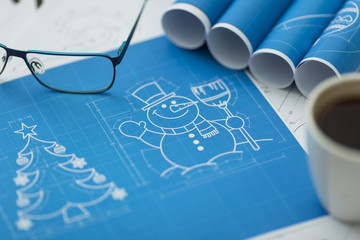 Snowman blueprint - shallow depth of field - obrazy, fototapety, plakaty