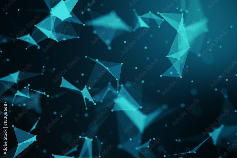 Poster abstract blue geometrical plexus on black background with lines and dots
