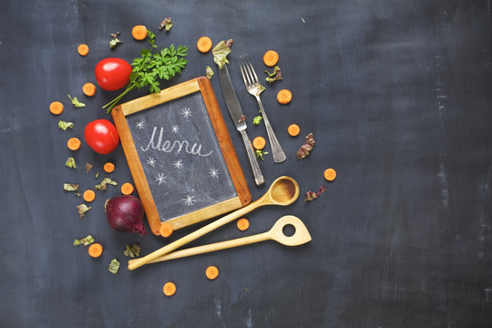 menu template, black bord, kitchen utensils,vegetables, food flat lay, copy space