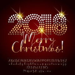 Vector shiny Merry Christmas 2018 Greeting Card with calligraphic Alphabet set of Letters, Symbols and Numbers.