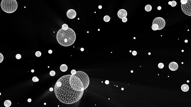 spheres from a polygonal mesh fly on a black background