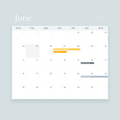 Minimalistic simple editable vector June 2018 event calendar template