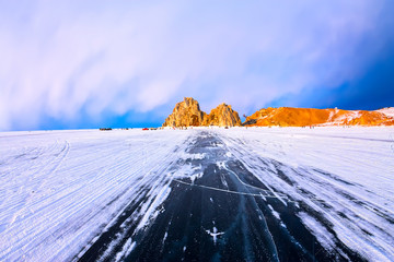The road on the ice of Lake Baikal, to the Cape Shamanka, on the island of Olkhon