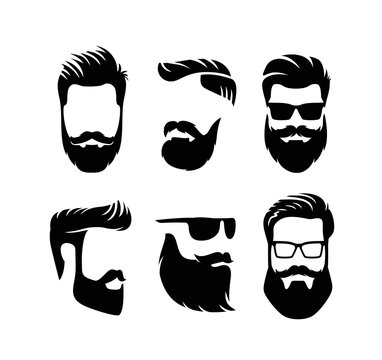Set bearded men faces hipsters with haircuts.