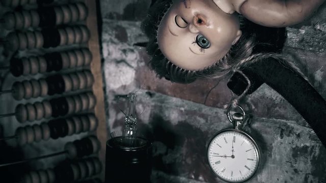 abandoned radiation place with toys,a clock whose time has stopped