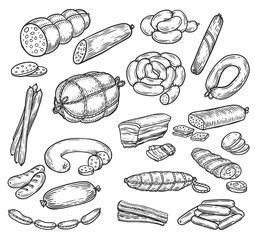 Sketches of sausage and wurst, meat products - obrazy, fototapety, plakaty