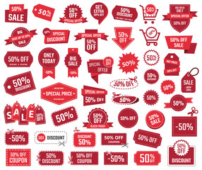 special offer 50% percent, sale banners and coupons, 50 percent off discount