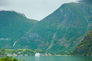 Cruise ship on fjord Sognefjord in Flam Norway