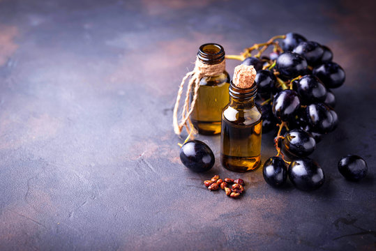 Grape seeds oil in small bottles