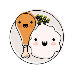 kawaii food plate with chicken thigh with peas and rice in watercolor silhouette