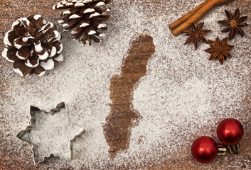 Festive motif of flour in the shape of Sweden (series)