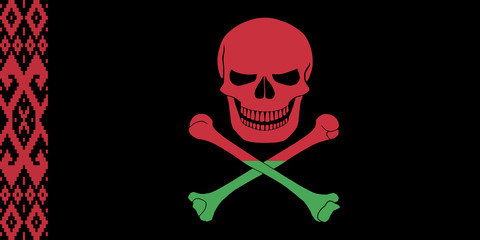 Black pirate flag with the image of Jolly Roger with crossbones combined with colors of the Belarusian flag
