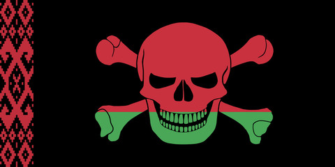 Black pirate flag with the image of Jolly Roger with crossbones combined with colors of the Belarusian flag
