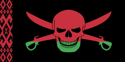 Black pirate flag with the image of Jolly Roger with cutlasses combined with colors of the Belarusian flag
