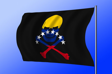 Waving black pirate flag with the image of Jolly Roger with crossbones combined with colors of the Venezuelan flag
