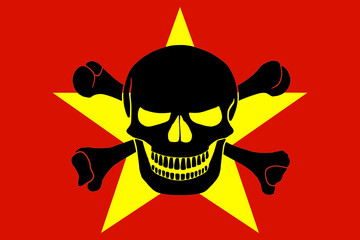 Vietnamese flag combined with the black pirate image of Jolly Roger with crossbones

