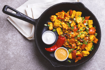 Indian cuisine. Paneer Tikka Kabab. Asian salad. Top view
