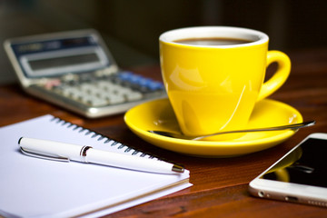 Coffee cup and notebook smartphone 