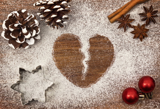 Festive Motif Of Flour In The Shape Of A Broken Heart (series)