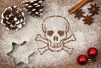 Festive motif of flour in the shape of a skull (series)
