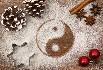 Festive motif of flour in the shape of a Ying Yang symbol (series)