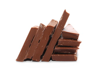 Milk chocolate bars, pieces isolated on white background