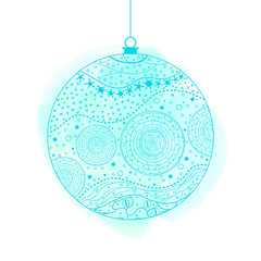 Christmas tree toy. Happy New Year. Zentangle. Watercolor stain. Hand drawn christmas ball with abstract patterns on isolation background. Design for spiritual relaxation for adults. Line art creation