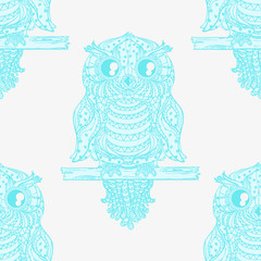 Owl. Seamless pattern. Design Zentangle. Hand drawn abstract patterns on isolation background. Design for spiritual relaxation for adults. Line art creation. Zen art. Decorative style
