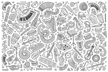 Vector doodles cartoon set of classical musical instruments objects