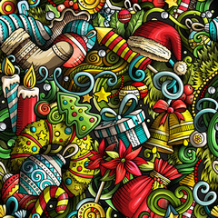 Cartoon cute doodles New Year seamless pattern