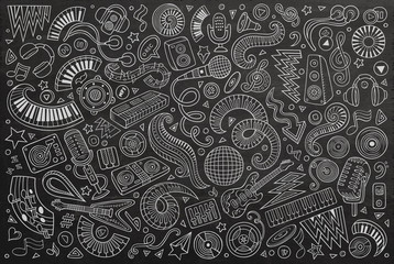 Obraz premium Line art vector doodles cartoon set of disco music objects