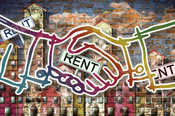 Real estate concept image with colorful cartoon doodles background design, placards with written "rent" on it and handshake on foreground