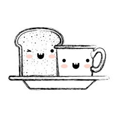 kawaii coffee cup and bread slice on dish in monochrome blurred silhouette