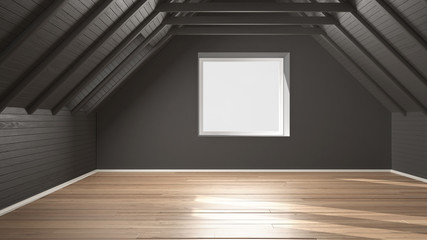 Empty room, loft, attic, parquet wooden floor and wooden ceiling beams, architecture white and gray interior design